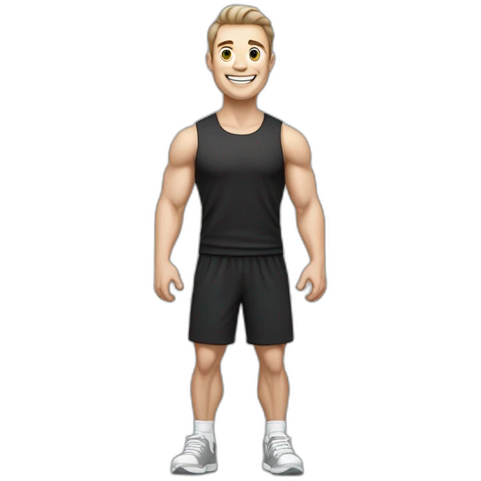 Joyful Celebrating victory Pale skinned Fit Man With the biceps and dark brown hair in black shirt, gray sports shorts and white Sneakers emoji