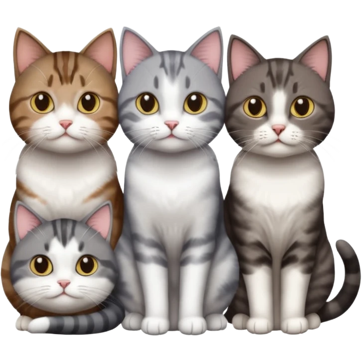 3 different coloured short haired cats including; a dark brown tabby and white cat, and a dark grey and white  emoji