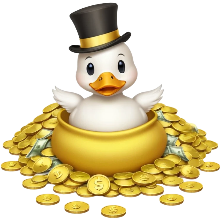 Duck character in top hat swimming in pile of gold coins and money bags emoji