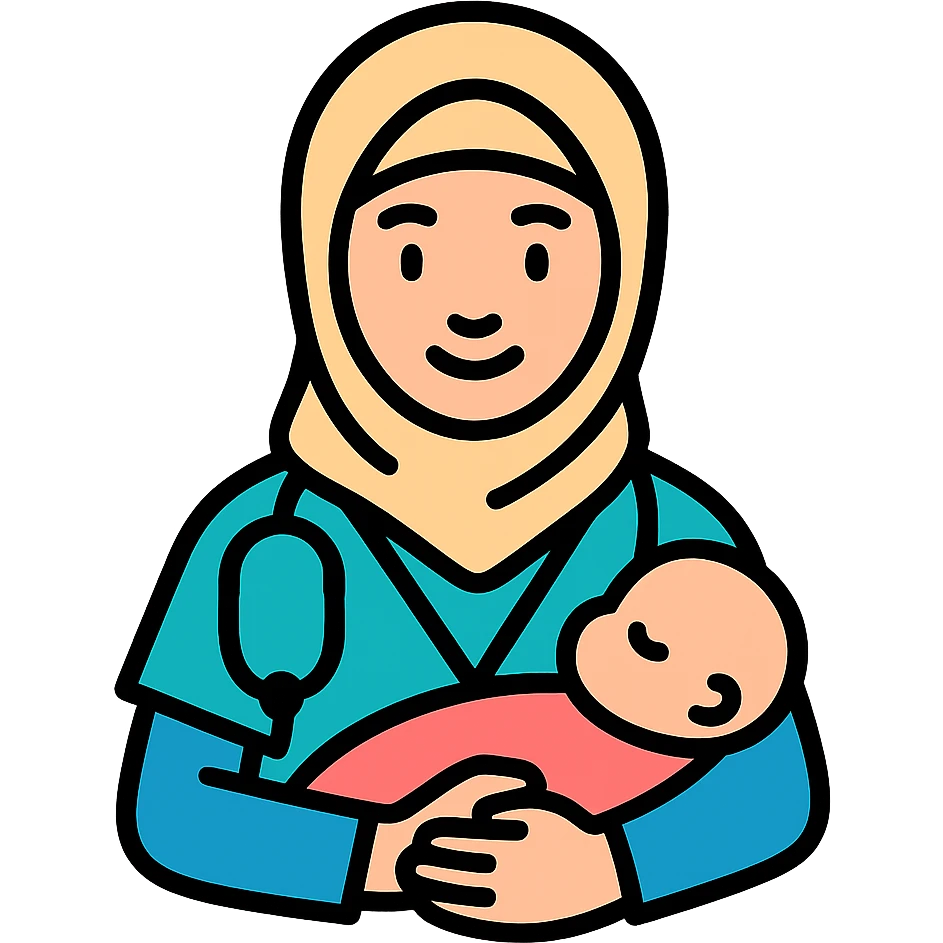 Add a baby in her arms, keep her gentle expression and medical attire, no background. emoji