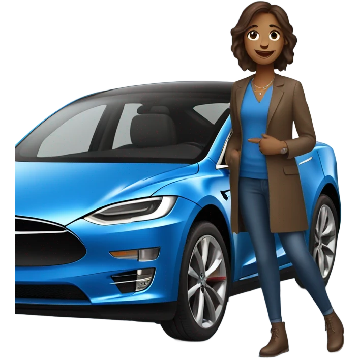  Happy brown haired woman getting a new blue Tesla  emoji
