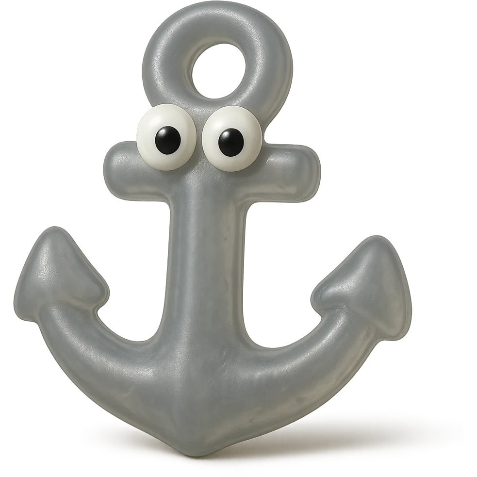 hyper-detailed retro 90's toy style anchor, very transparent, natural metallic gray, soft plastic, derpy eyes, soft reflections, soft and squishy, some cloudiness, not shiny, highly detailed, appealing, no tag, no background emoji