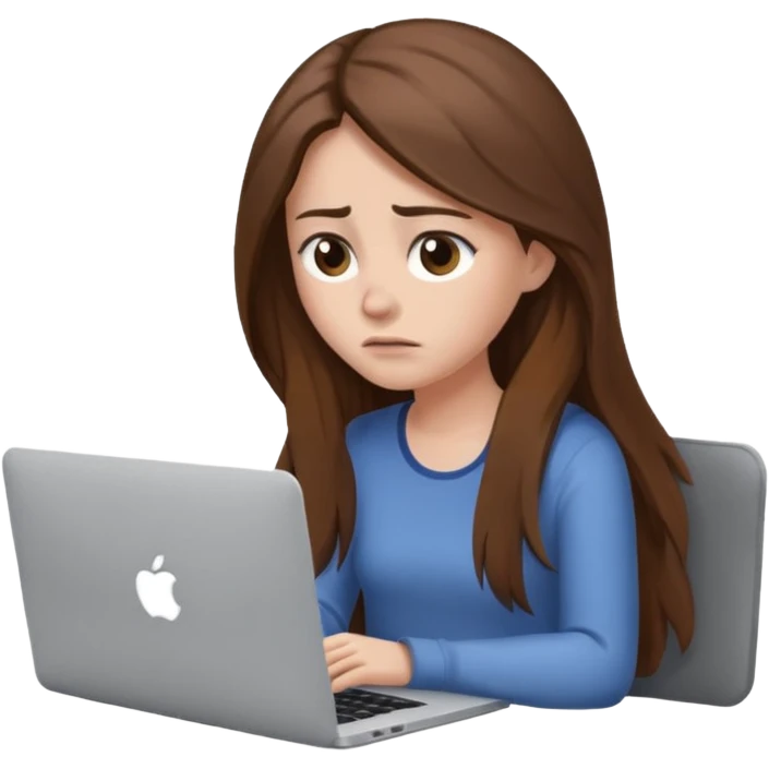create a woman long hair brown, sitting with her macbook looking tired. looking at her computer, exausted  emoji