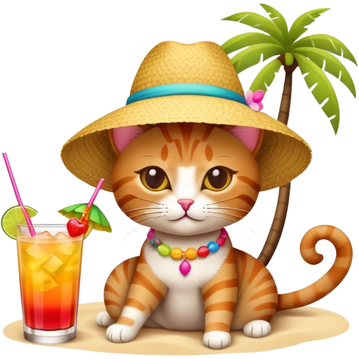 Cat with sunhat relaxing on beach with colorful mai tai cocktail emoji