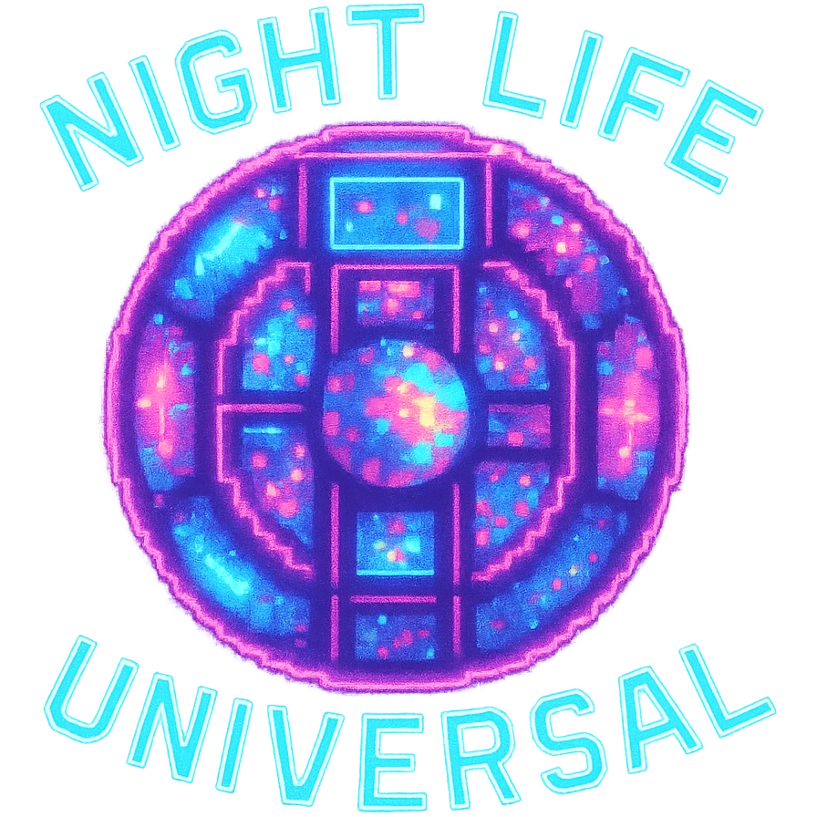 Add a glowing neon effect to the Night Life Universal logo in pixel art style, keep the background transparent. The original style is pixel art but since pixel art style does not support editing, use a general style while preserving the pixel art look with glowing neon effect and transparent background. emoji