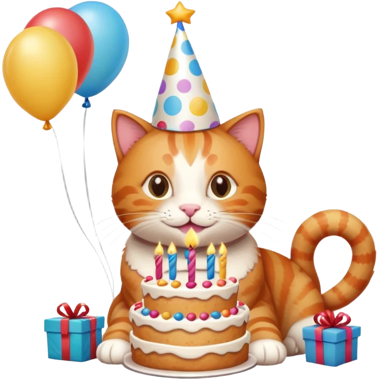 Ginger cat celebrates birthday, birthday hat, birthday cake, balloons, happy, gifts emoji
