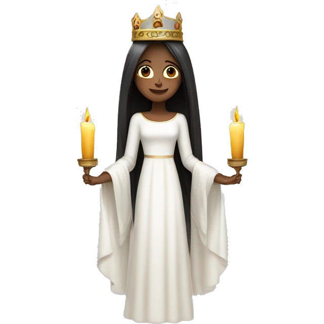 lucia with candles in her lucia crown with dark long hair and a white long sleeved gown emoji