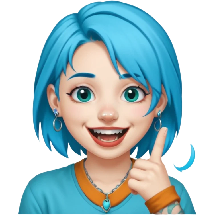 Cyan blue haired girl with double nose piercing septum piercing laughing in a menancing way and holding up middle finger  emoji