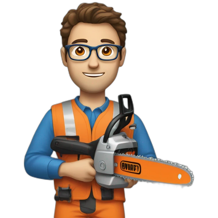 a guy with brown hair, square glasses, an orange repairman's suit, blue eyes, with a chainsaw emoji