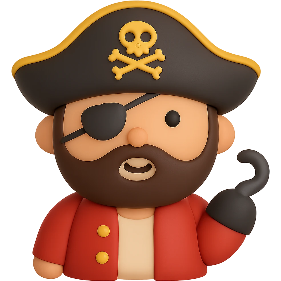 A cute pirate captain with eye patch, tricorn hat, and hook hand emoji