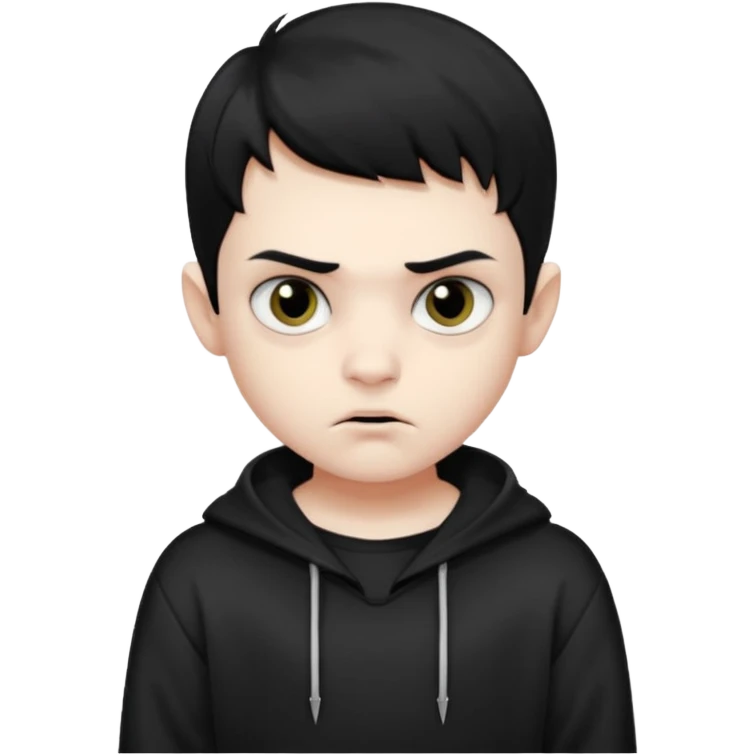 Vampire boy with the short black hair, pale-white skin, black eyes, little fangs and dark circles under his eyes. He has serious face and he wear a black oversize sweatshot emoji