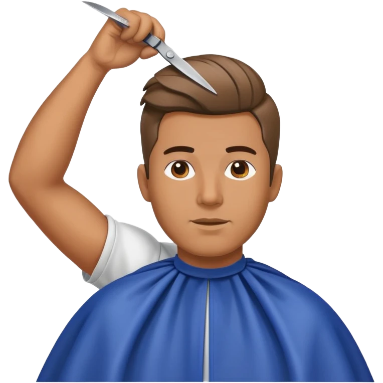 a man with a large face, wearing a barber cape, having his hair cut with scissors above his head emoji
