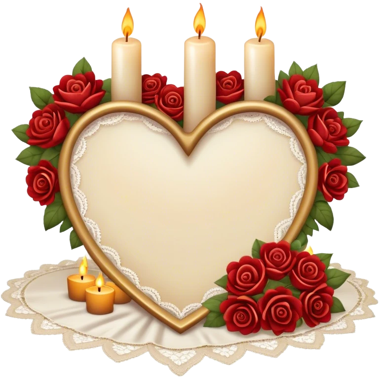 A luxurious evening setting featuring heart-shaped candles, a bouquet of warm-toned flowers, and a silk bow draped over a lace tablecloth.
 emoji