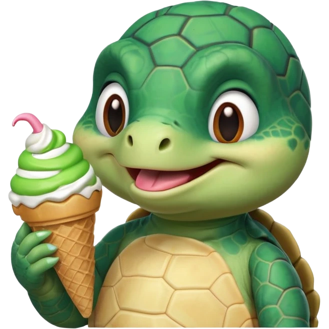 cute turtle portrait, head and shoulders only, licking an ice cream cone, funny happy expression, 3D cartoon, mobile game icon style, clean background, no text, no watermark
 emoji