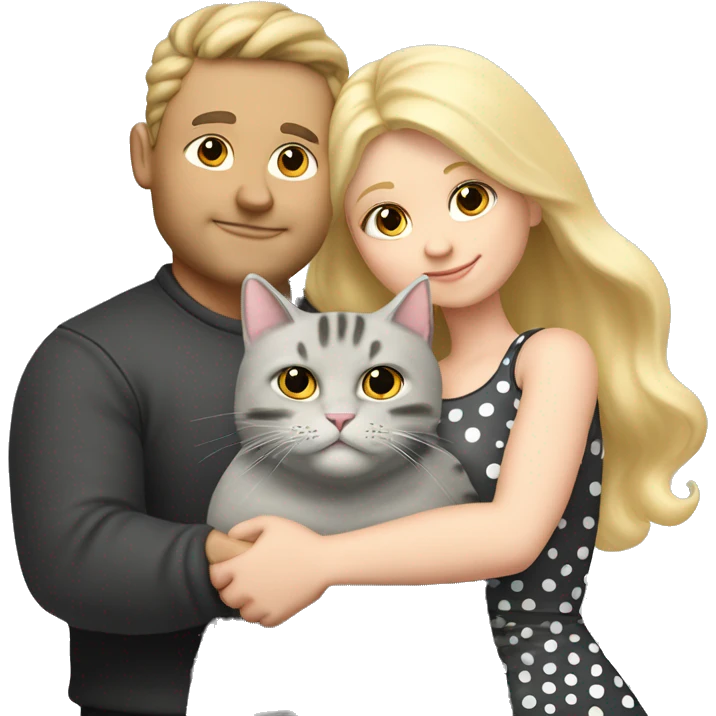 3 objects - a beautiful blonde with long hair and a polka-dotted dress, a bald handsome man in a cap and a rock T-shirt, and a fat gray cat with black spots. The man hugs the blonde and holds the cat in his hands emoji