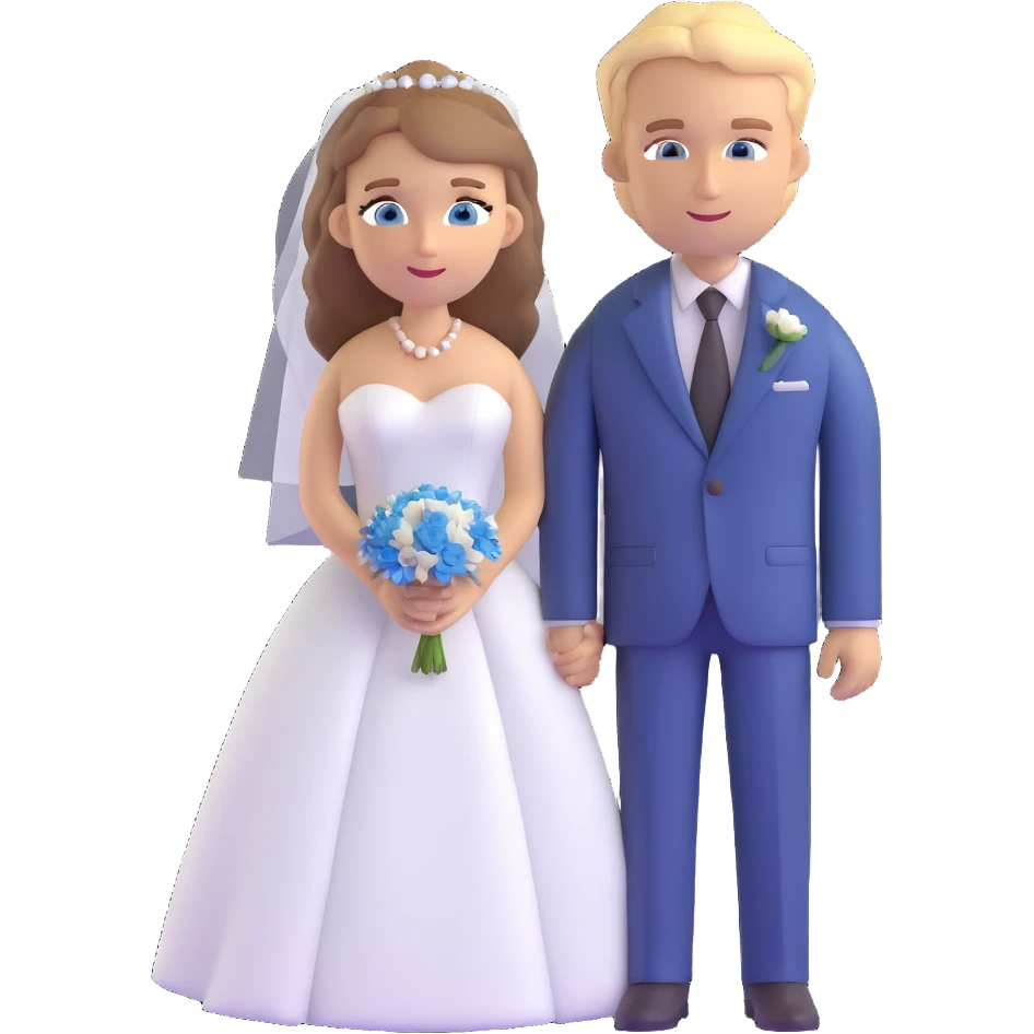 portrait of a bride with light brown hair and grey-blue eyes, and a groom with blonde hair, blue eyes, wearing a brown suit emoji