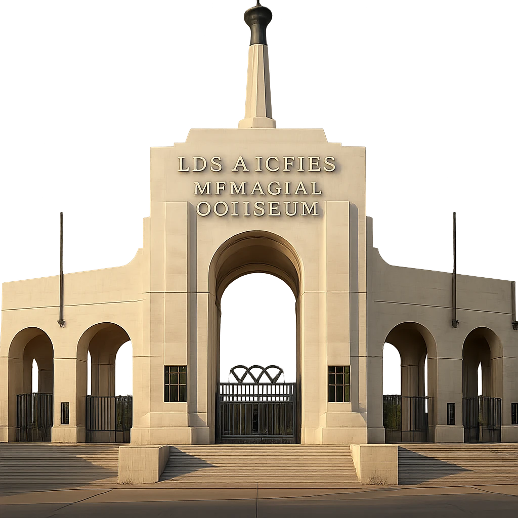 Make the stone of the Los Angeles Memorial Coliseum realistic white color, keep the majestic, ornate architecture, lifelike detail, and regal lighting, with a transparent background. Render in a photorealistic style with lifelike detail and regal lighting. emoji