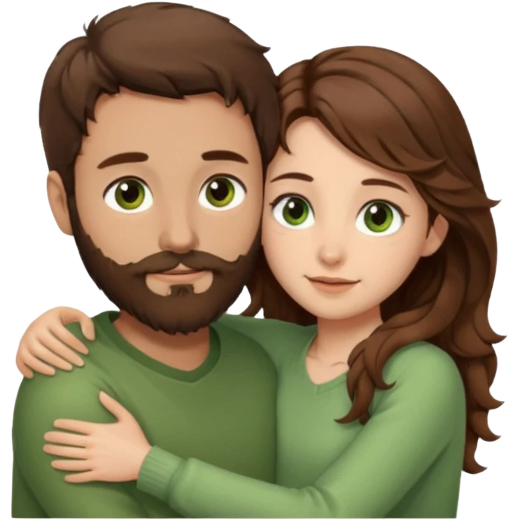 a man with short brown hair and brown beard with brown eyes and a girl with long brown wavy hair with green eyes, togheter. neutral clothes, hugged each other emoji