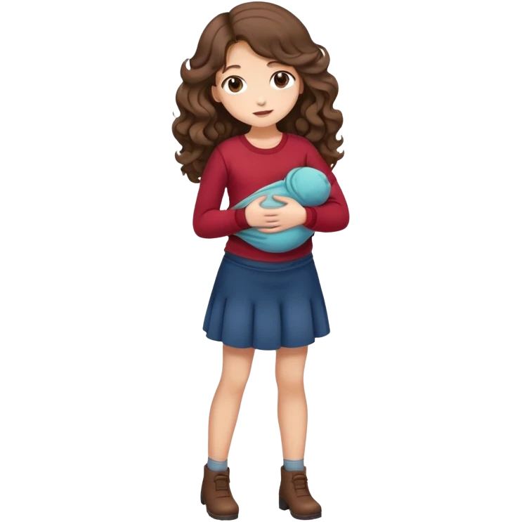 Girl with curled brown long length hair with stomach ache full body and clothes emoji