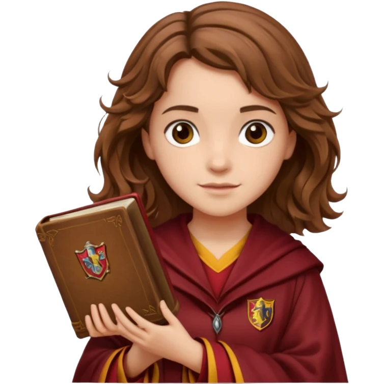 Illustrate Hermione Granger with wavy brown hair, Gryffindor robe & holding a book or wand emoji