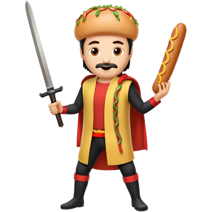 Middle aged attractive man wearing a hot dog costume wielding a katana emoji