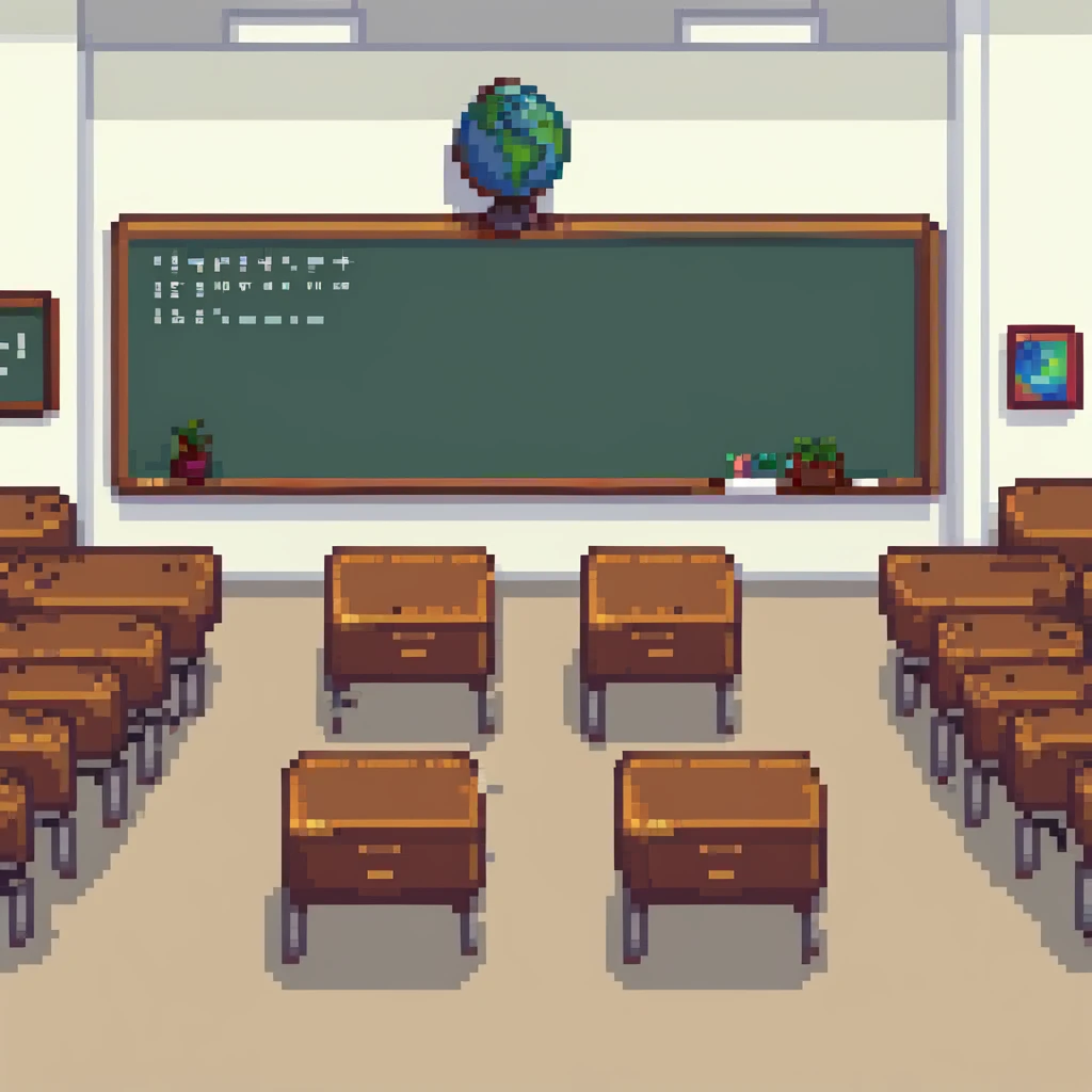 classroom with a group of students interacting in pixel art style emoji