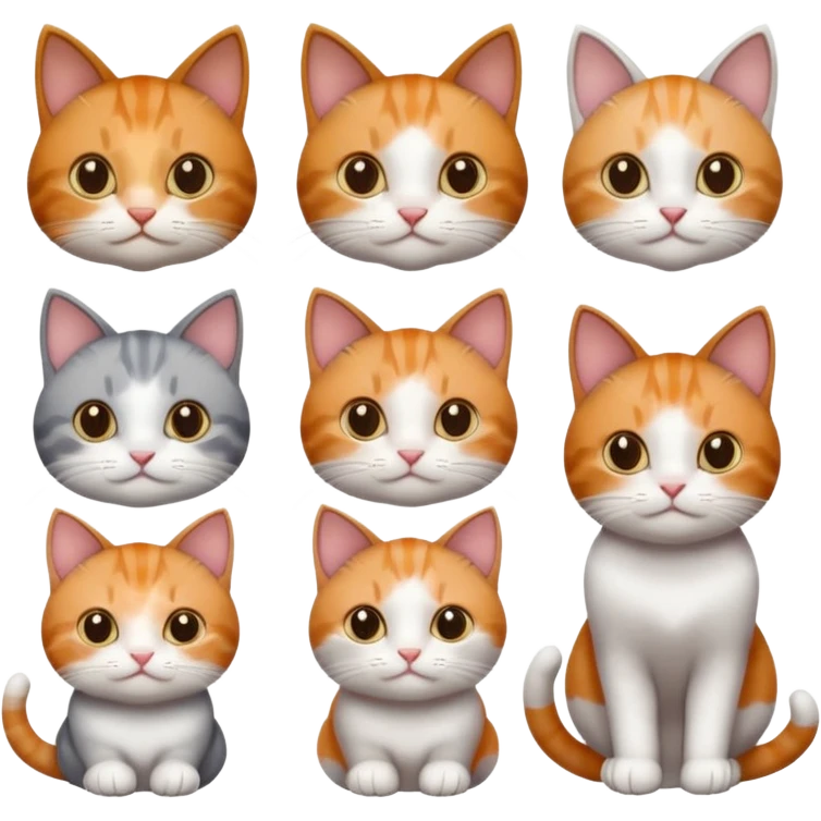 6 cats: 1 small ginger and white, 1 small brown tabby and white, 1 small grey and white, 1 big grey and white, 1 mostly grey with white paws and small white patch on chest and 1 calico emoji