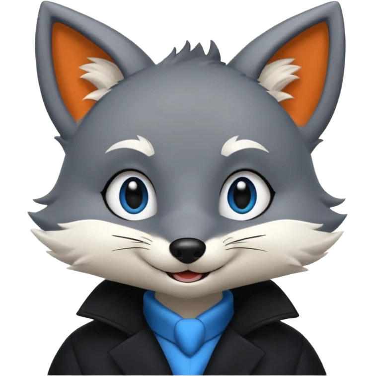 Grey anthropomorphic furry fox with a black coat, blue eyes, and a small fringe of black hair, smiling emoji