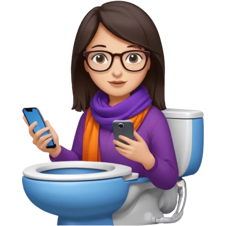 Fille châtain foncé avec lunettes. Elle porte une grosse écharpe violette, bleu et orange. Elle est dans une cuvette de toilette. Téléphone en main. Realiste emoji