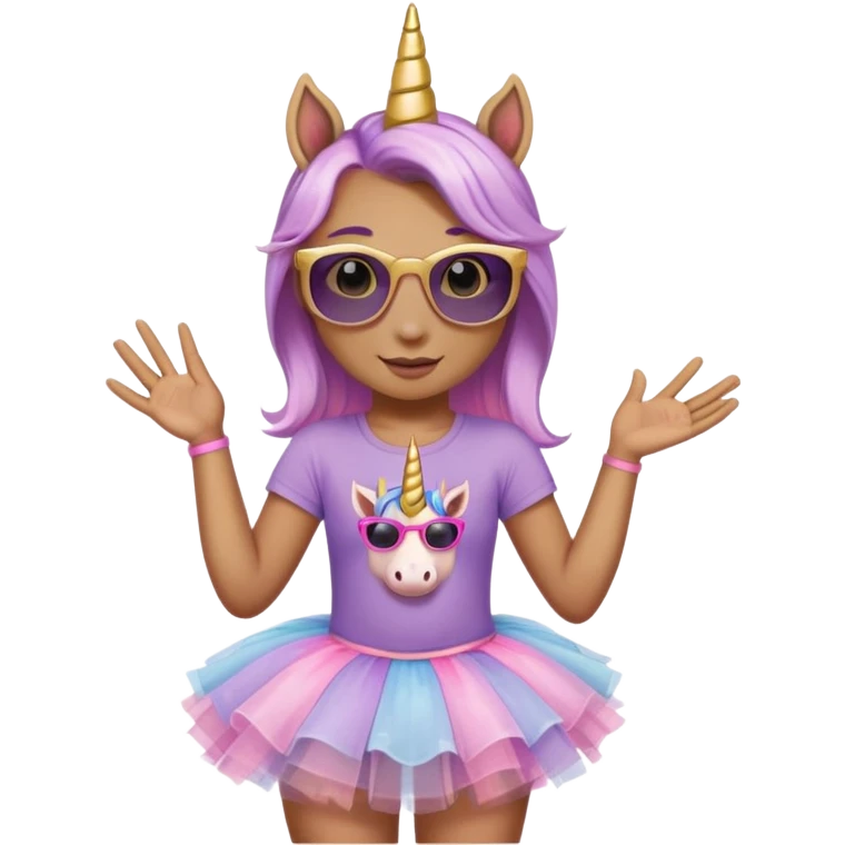 head and shoulders portrait of a friendly anthropomorphised female unicorn in tutu and pink t-shirt, wearing dark sunglasses, lavender and gold color scheme emoji