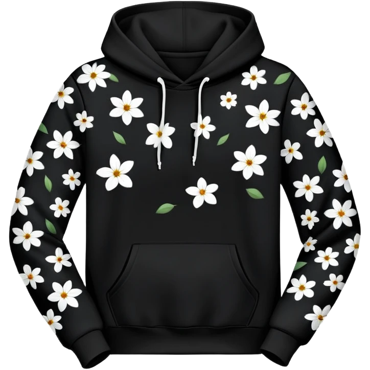 The BLACK Hoodie features a black base with distinctive white and black  open flower spots with empty space in the middle, These hollow ring-like patterns are scattered across. BLACK AND WHITE FLOWERS SPACED OUT FLOWERS, AND ONLY A FEW FLOWERS AND NO DOTS, NO VINES emoji