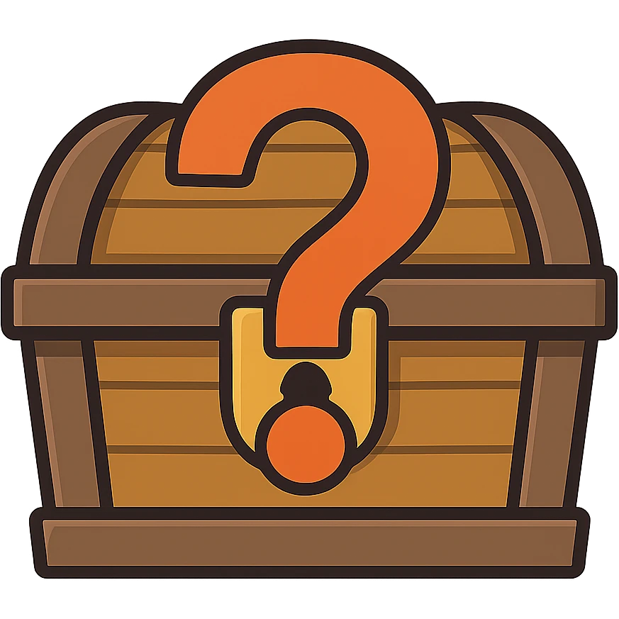 flat toon style treasure chest with a bold question mark overlay, mysterious emoji