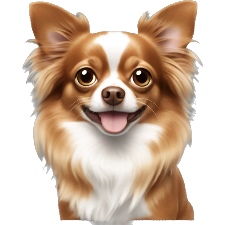 Long haired reddish brown chihuahua with white spots playing emoji