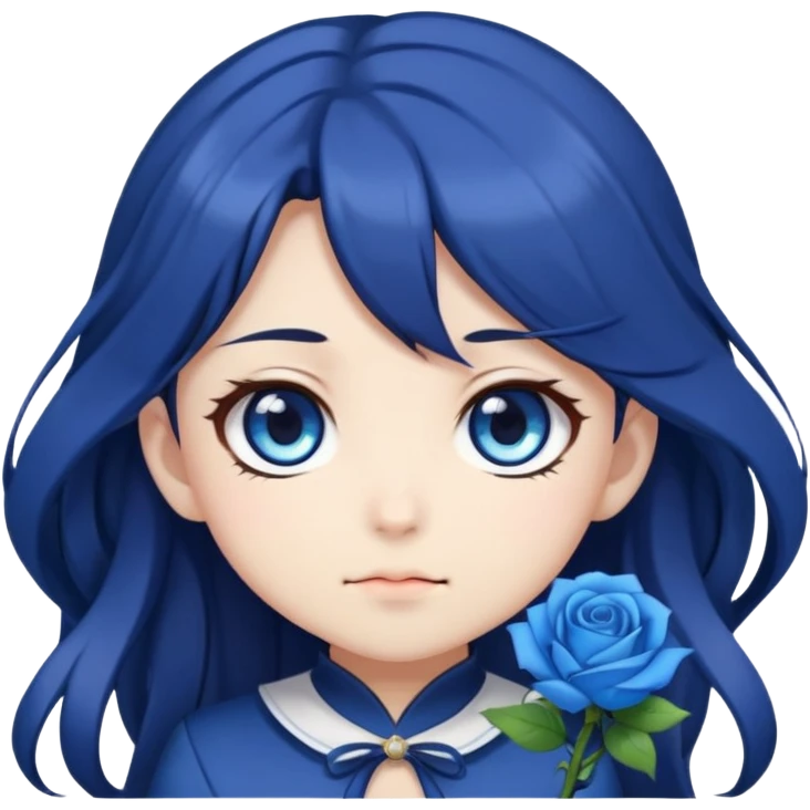 cute anime girl emoji, long dark hair, blue rose hair accessory, big blue anime eyes, chibi anime style emoji