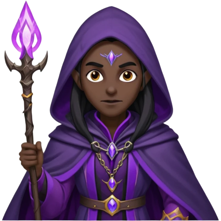 {
      "type": "human",
      "look": "dark elf wizard, black cloak, purple energy around staff",
      "description": "a dark elf wizard in a black cloak channeling purple energy around their staff"
    } emoji