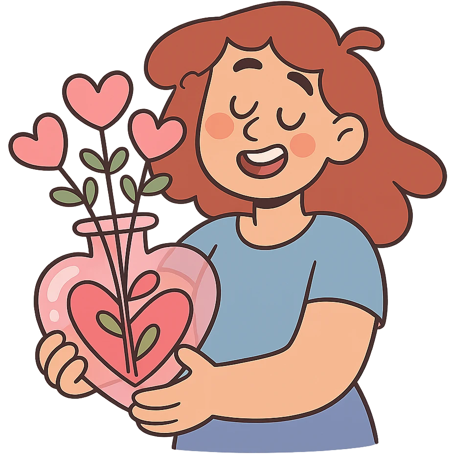 transparent pink heart vase with matching pink heart flowers, soft pastel illustration style emoji