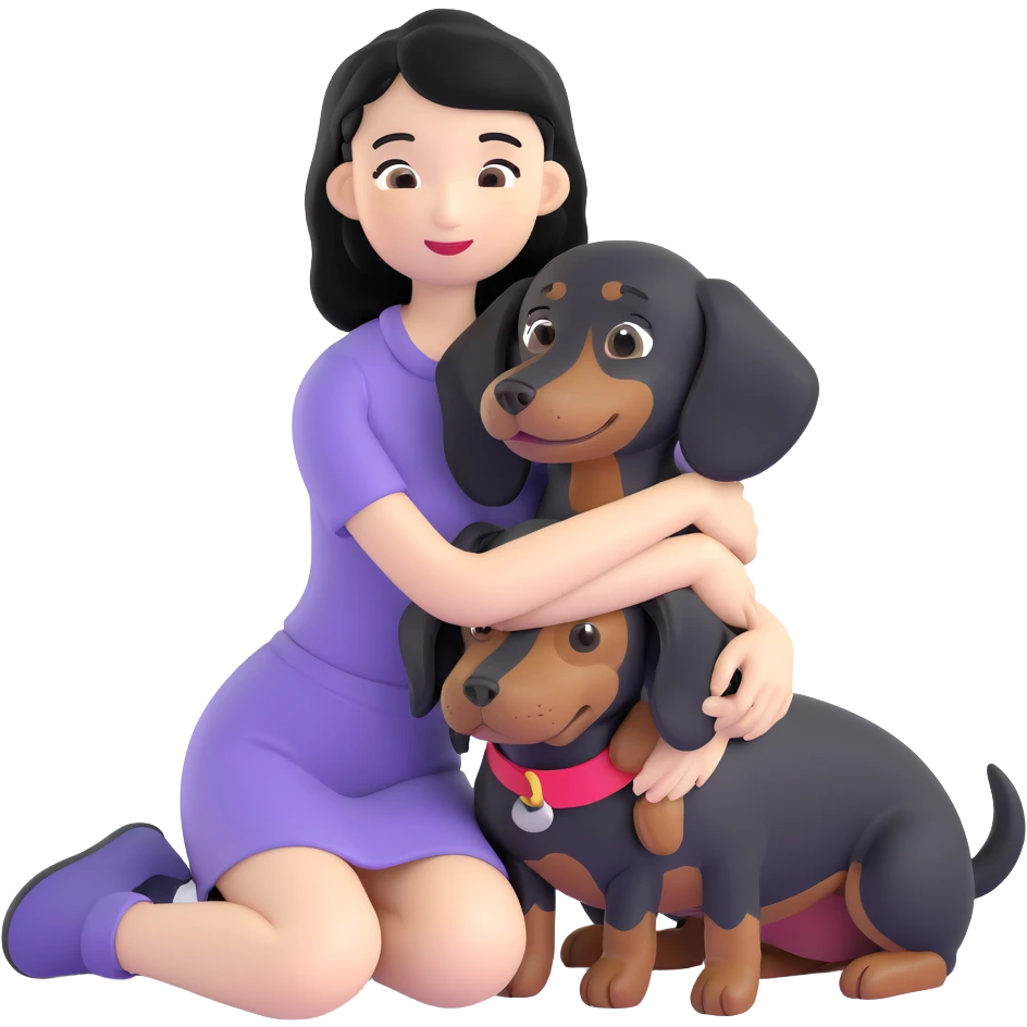 black hair asian girl hugging black dachshund emoji