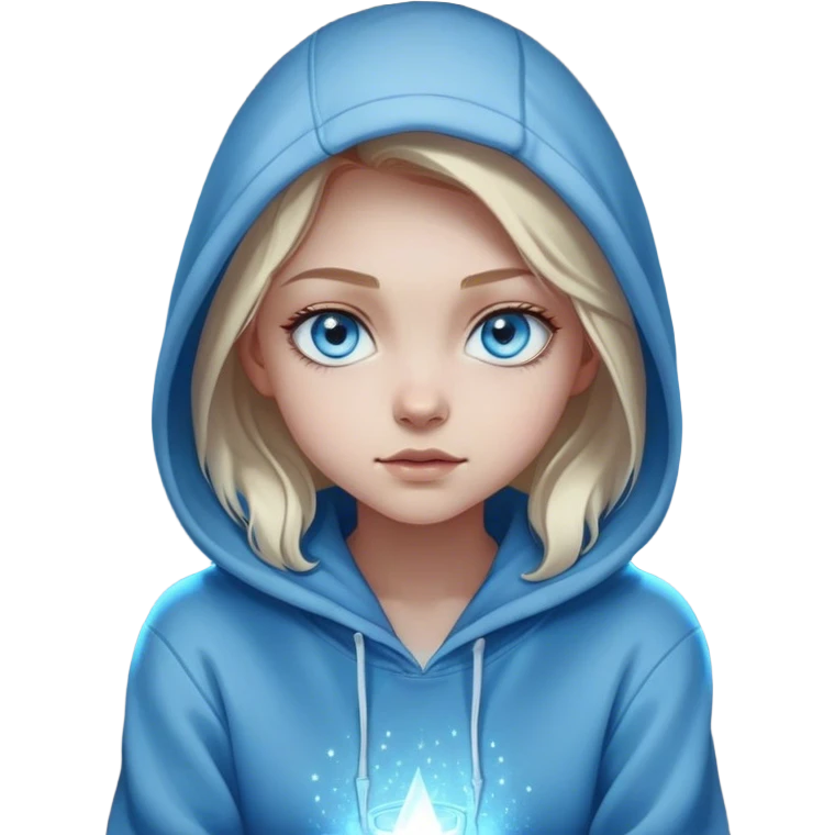 Cinematic girl with large sparkling blue eyes wearing a hoodie sitting, Ultra realistic 32k HD, hauntingly beautiful, Balanced features, highly detailed, glowing, high shine, enchanting, ghostly, dreamy glow, complex pose. The image is so lifelike it could leap off the canvas at any moment emoji