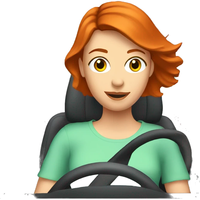 red haired young woman going on a long drive in a car emoji