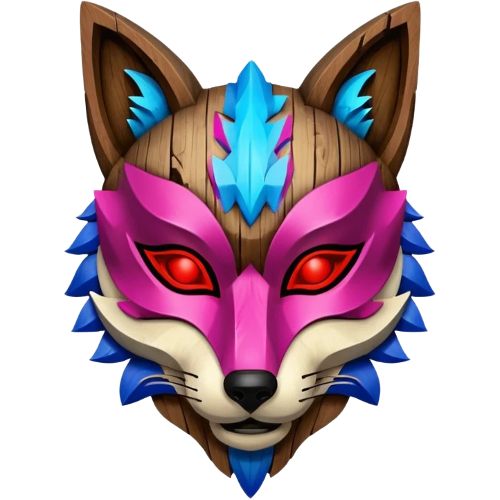 Ancient wooden mask, broken in half, luminous and neon with red, blue, and pink fox-like glow. Fragments of the mask scattered around. emoji