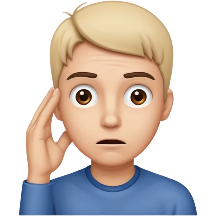 Person leaning forward with one hand behind their ear, eyebrows raised, confused face, as if saying "What? emoji