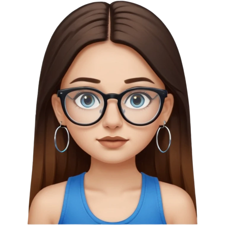 White girl with long straight brown hair and blue eyes wearing plastic frame glasses that go from black to clear ombré from top to bottom. Septum nose piercing and stud nose piercing on right side of nose. Wearing BLACK tank top. Wearing big hoop earrings  emoji