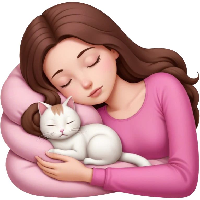 A pretty white girl with very long brown hair and pink clothing sleeping curled up to a white cat  emoji