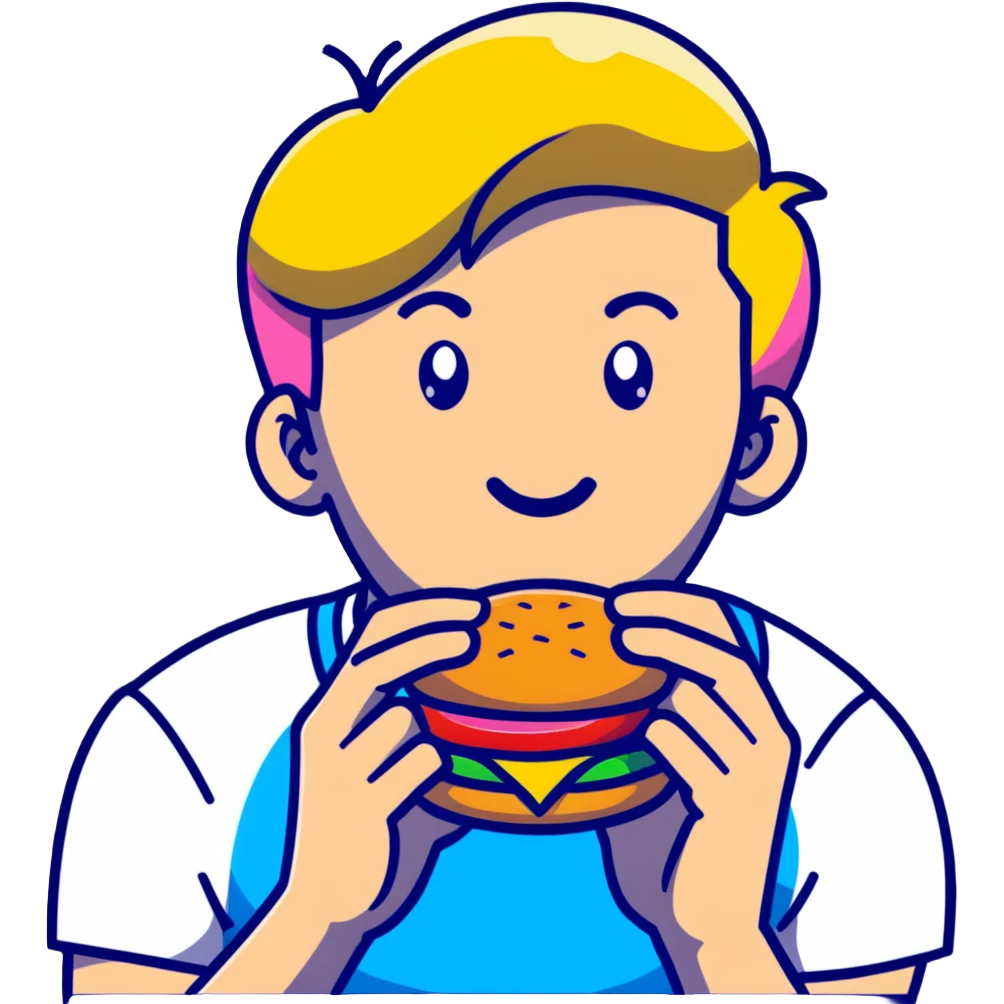 Young blonde guy with blue eyes from LGBT community eating McDonald's burger, rainbow pride details emoji