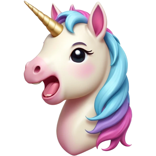 Cinematic Cute Yawning Unicorn Pony Portrait Emoji, Head tilted slightly with a dramatic, wide-open yawn, showcasing a petite, softly glowing form with a gently drooping mane, a subtle, shimmering horn and sleepy, half-closed eyes, Simplified yet irresistibly adorable features, highly detailed, glowing with a soft, cozy pastel glow, high shine, relaxed yet expressive, stylized with a dash of whimsical enchantment, soft glowing outline, capturing the essence of a drowsy yet affectionate unicorn pony that appears ready to stretch and yawn its way off the screen! emoji