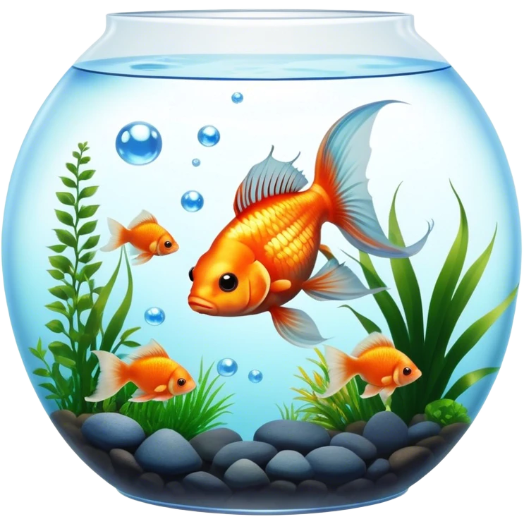 Large aquarium fish like veil tails and lionhead goldfish swimming gracefully in a beautifully decorated aquarium. Colorful aquatic plants, smooth rocks, and gentle bubbles surround the fish. The water shimmers in sunlight, creating a peaceful and vibrant underwater scene. Transparent background. emoji