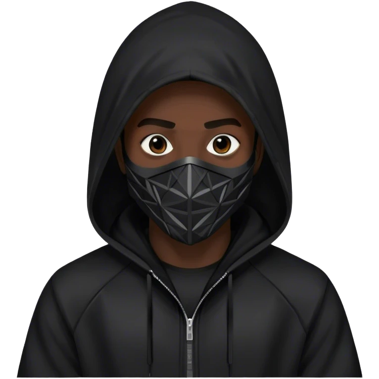 man with black hooded jacket and a only-black full-face geometric mask emoji