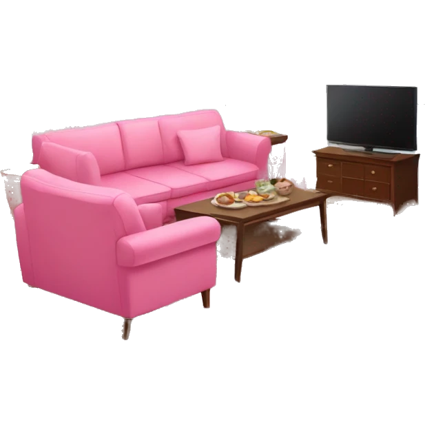 Pink pretty Living room, pink sofa, pink televison , pink dinner table emoji