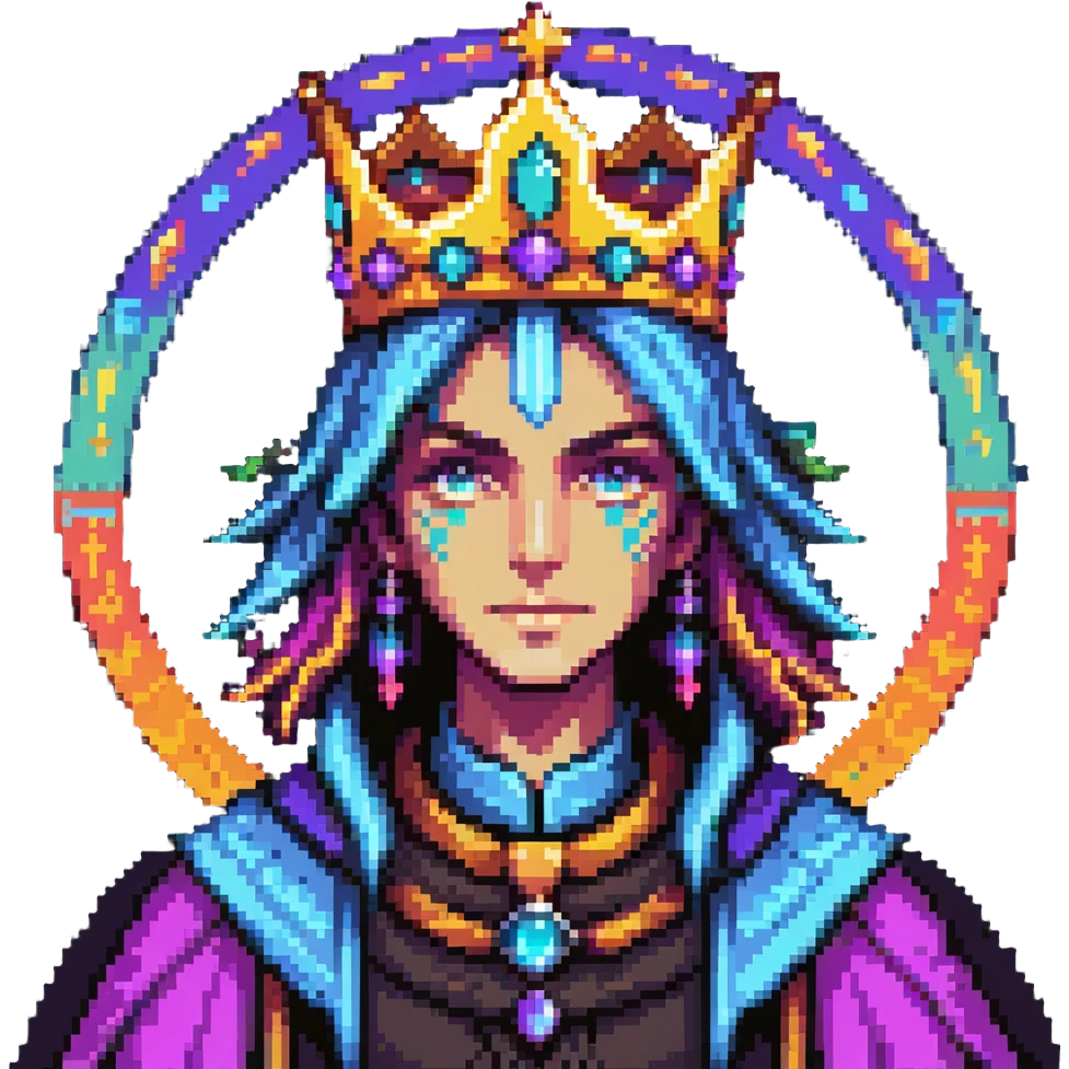 powerful human mage with detailed face and crown, surrounded by vibrant colorful aura emoji