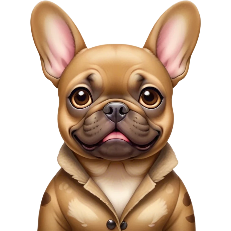 Cinematic Comical Fawn French Bulldog Portrait Emoji, Head tilted dramatically with an exaggeratedly amused expression, featuring a striking fawn coat with a subtle brindle pattern, wide, expressive dark eyes filled with playful disbelief, Simplified yet hilariously expressive features, highly detailed, glowing with a slightly sassy glow, high shine, dramatic yet playful, stylized with an air of cheeky charm, bright and endearing, soft glowing outline, capturing the essence of a spirited and over-the-top companion, so meme-worthy it feels like it could side-eye its way into internet fame instantly! emoji